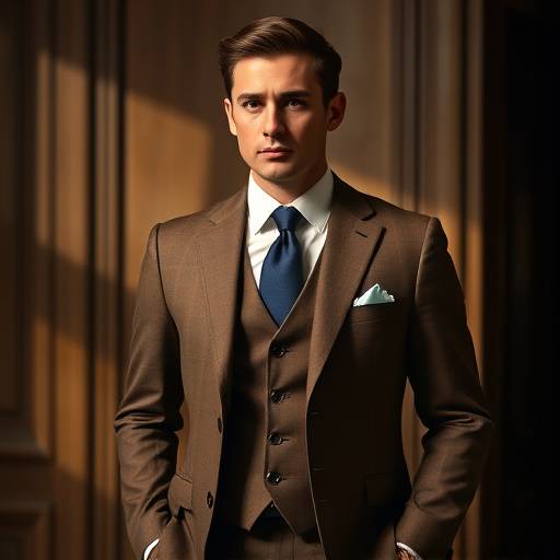 A classic single-breasted brown business suit made from high-quality wool, showcasing a refined and timeless design.
