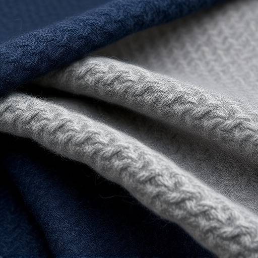 A close-up view of luxurious wool fabric samples in various textures and shades of grey and navy.