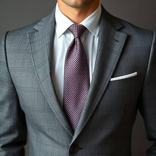 A luxurious wool blend tweed business suit in a sophisticated grey herringbone pattern, paired with a crisp white shirt and a silk tie.