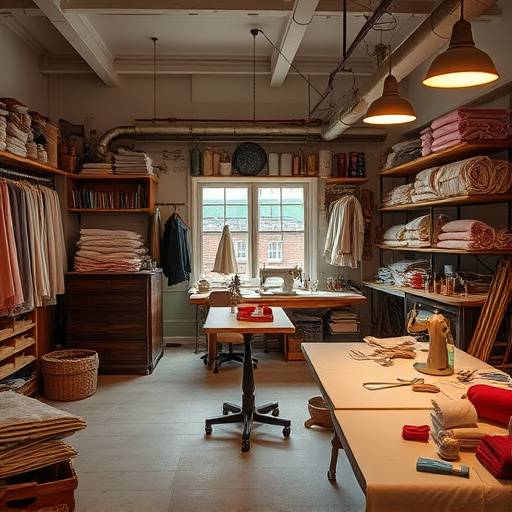 A refined interior of a tailor's studio with bolts of fabric and tailoring tools