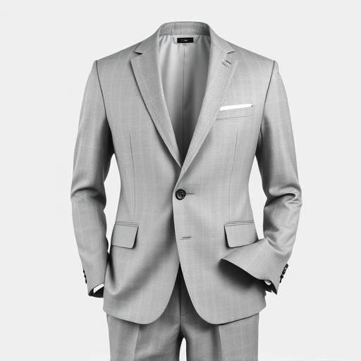A sophisticated light grey single-breasted business suit with a subtle texture, featuring a two-button closure and a refined lapel.
