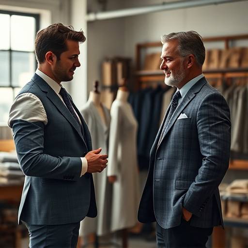 A tailor consulting with a client in a refined workshop, discussing fabric swatches and design sketches.