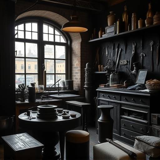 Historic atelier interior of The Savile Row Forge with tailoring equipment