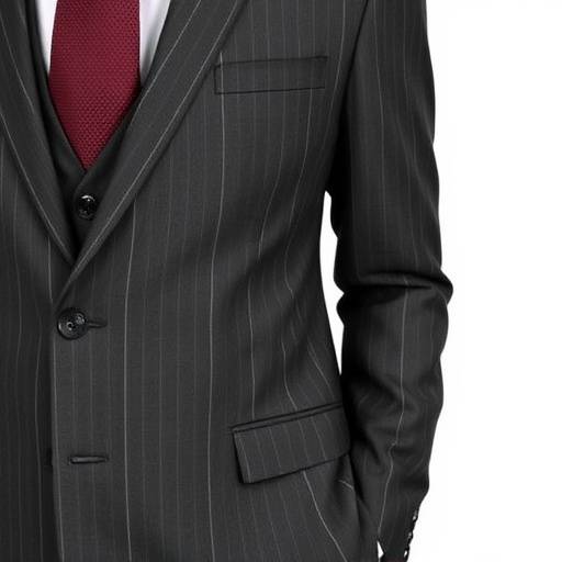 Impeccably tailored charcoal grey business suit with a subtle pinstripe, featuring a classic notch lapel and a perfectly fitted waistcoat.